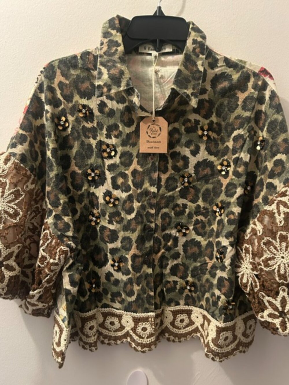 A Rare Bird Leopard Floral Print Crochet Beaded Button Front Garden Jacket NWT - Picture 8 of 16